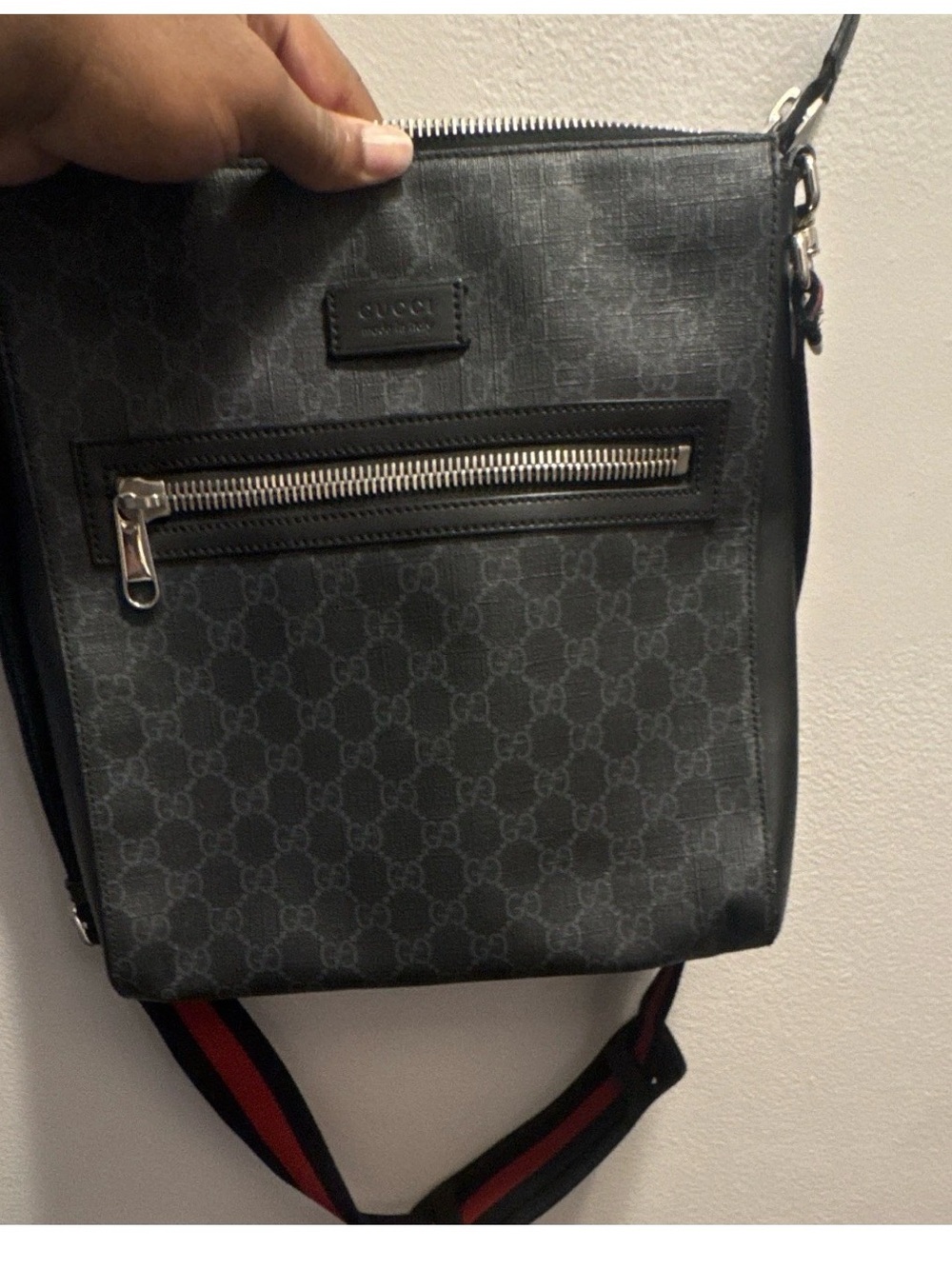 Gucci Black GG Supreme Messenger Bag with Red-Striped Strap